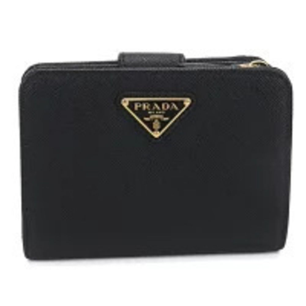 Prada Bi fold Wallet Compact Saffiano Triangle Black